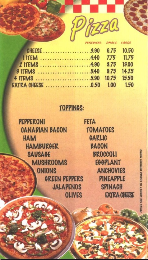 Pizza Menu